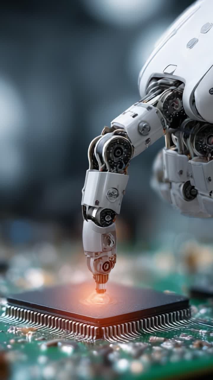En avanceret robotarm udfører præcisionsarbejde på en mikrochip og demonstrerer avanceret teknologi inden for robotteknologi og mikroelektronik, mens den udfører komplicerede opgaver på et printkort.
