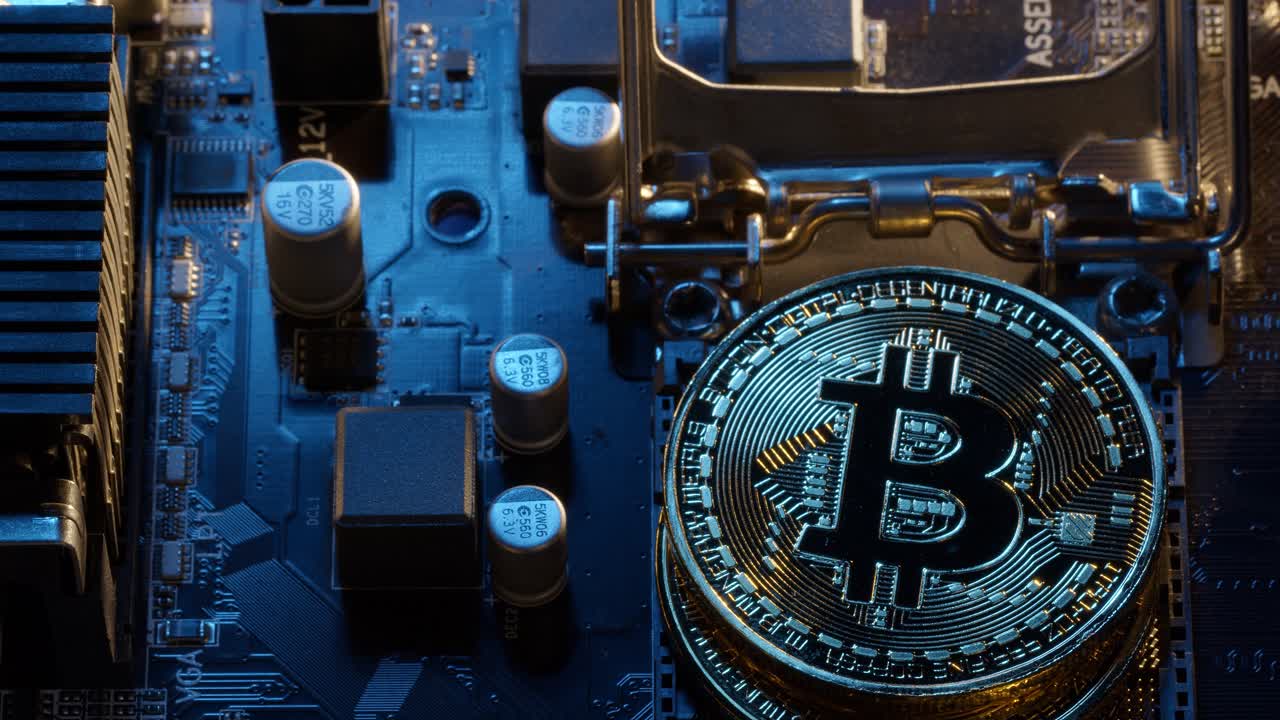 Bitcoin BTC coins in CPU central processor socket on digital pc motherboard, mining cryptocurrency