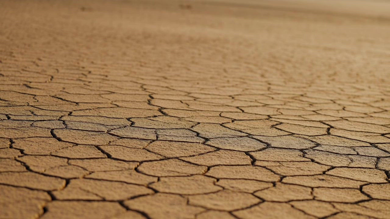 Primo piano di terra arsa dal sole e screpolata che forma placche poligonali e profonde fessure su un arido suolo desertico. Una calda luce laterale dorata evidenzia il terreno ruvido