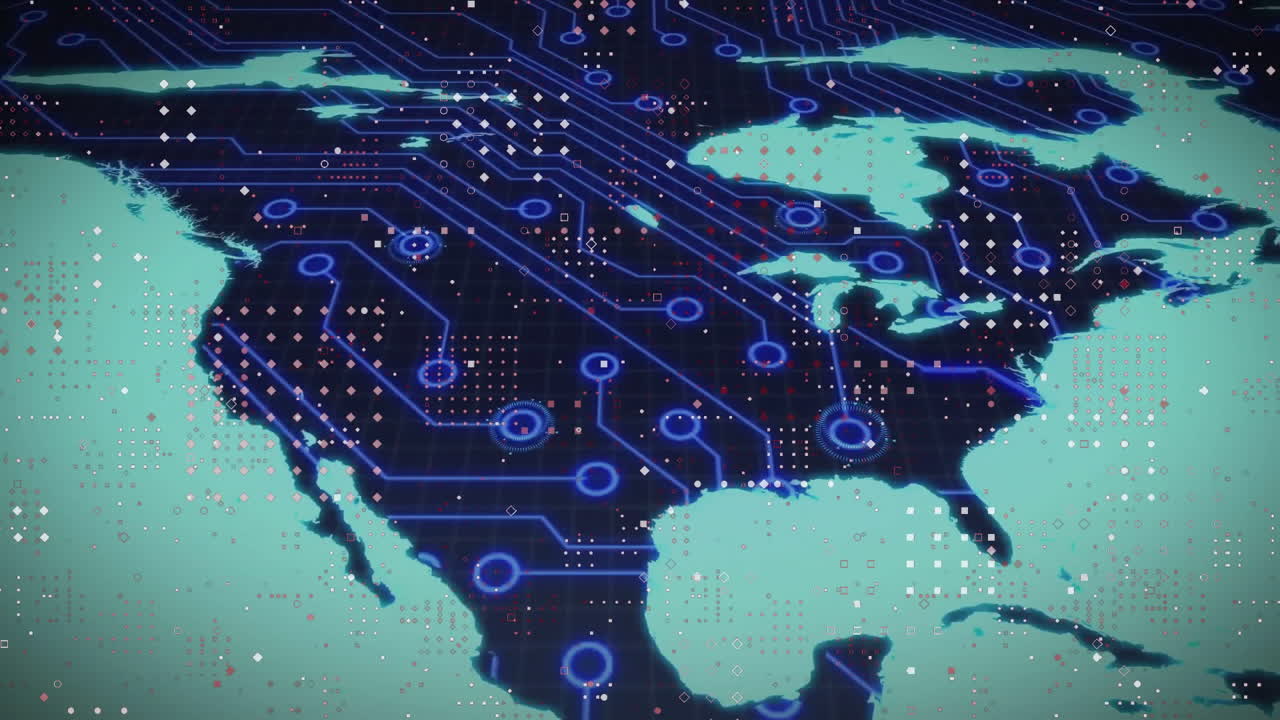 Animation of digital data processing over world map on green background