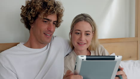 Couple,-tablet-and-drinking-coffee-in-bed