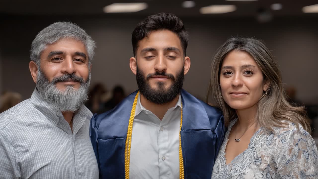 Celebração Familiar de Conquista: Um Formando Orgulhoso em Beca e Capelo Posa com Entes Queridos, Compartilhando Momentos de Alegria e Marcos Importantes Juntos