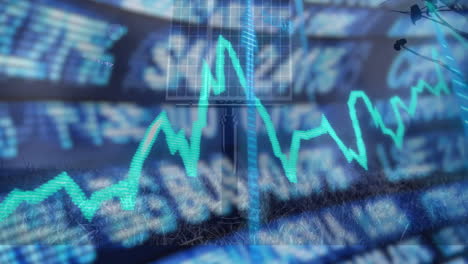 solar panel standing on metal pole in grassy field, showing teal graph waves and blurred tickers