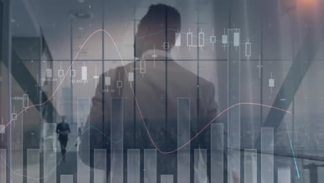 animación del procesamiento de datos estadísticos frente a la vista trasera de un hombre de negocios caminando en la oficina