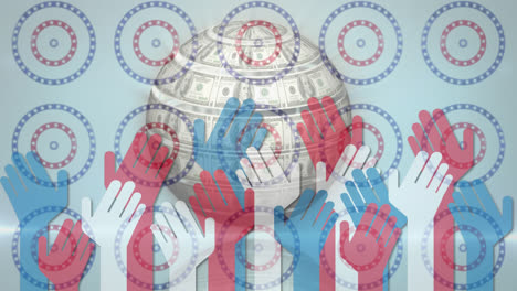 globe made of american dollars and multiple hands icon against stars on spinning circles