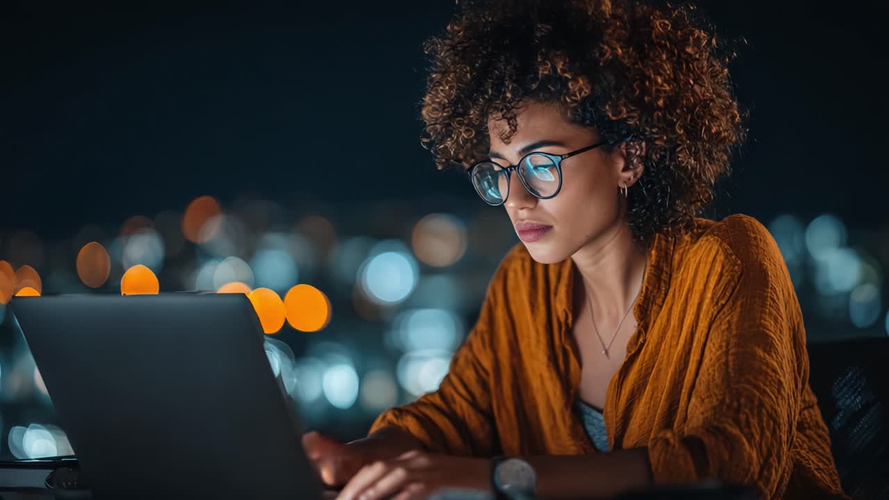 Focused Young Woman Working Late at Night on Laptop, Surrounded by City Lights, Showcasing Modern Technology and Remote Work Lifestyle