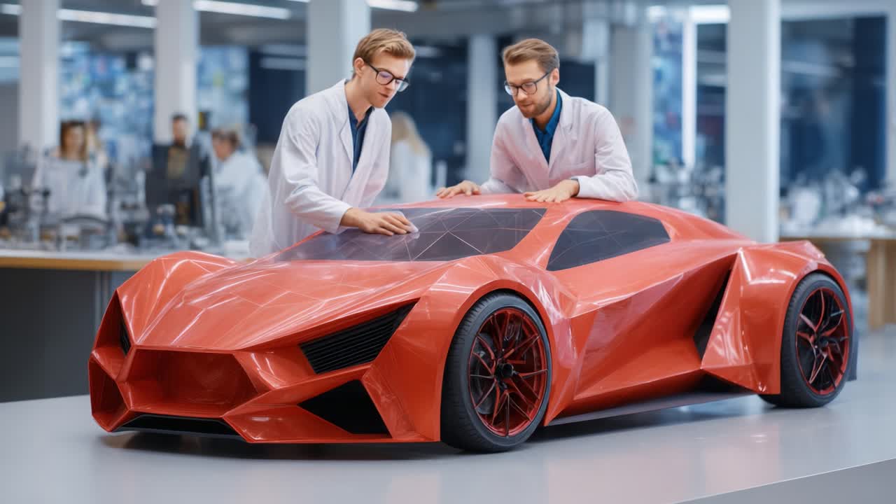 Innovative Engineers Examine a Futuristic Red Car Model in a High-Tech Research Lab, Showcasing Design and Advanced Automotive Technology
