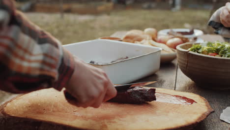 hands of couple preparing grilled meat and salad for dinner