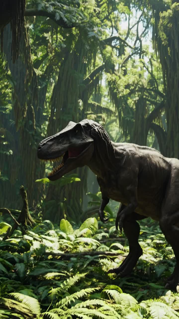 A realistic video-style shot of a dinosaur in a lush jungle, captured from a low angle