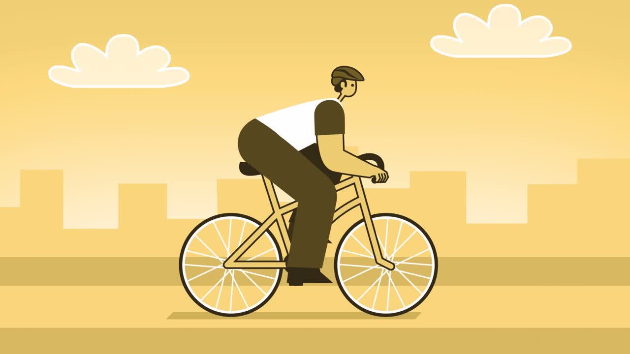 노란색 스타일의 남자, 평평한 캐릭터, 속도, 자전거 타기, 고립된 루프 애니메이션, 알파 문제