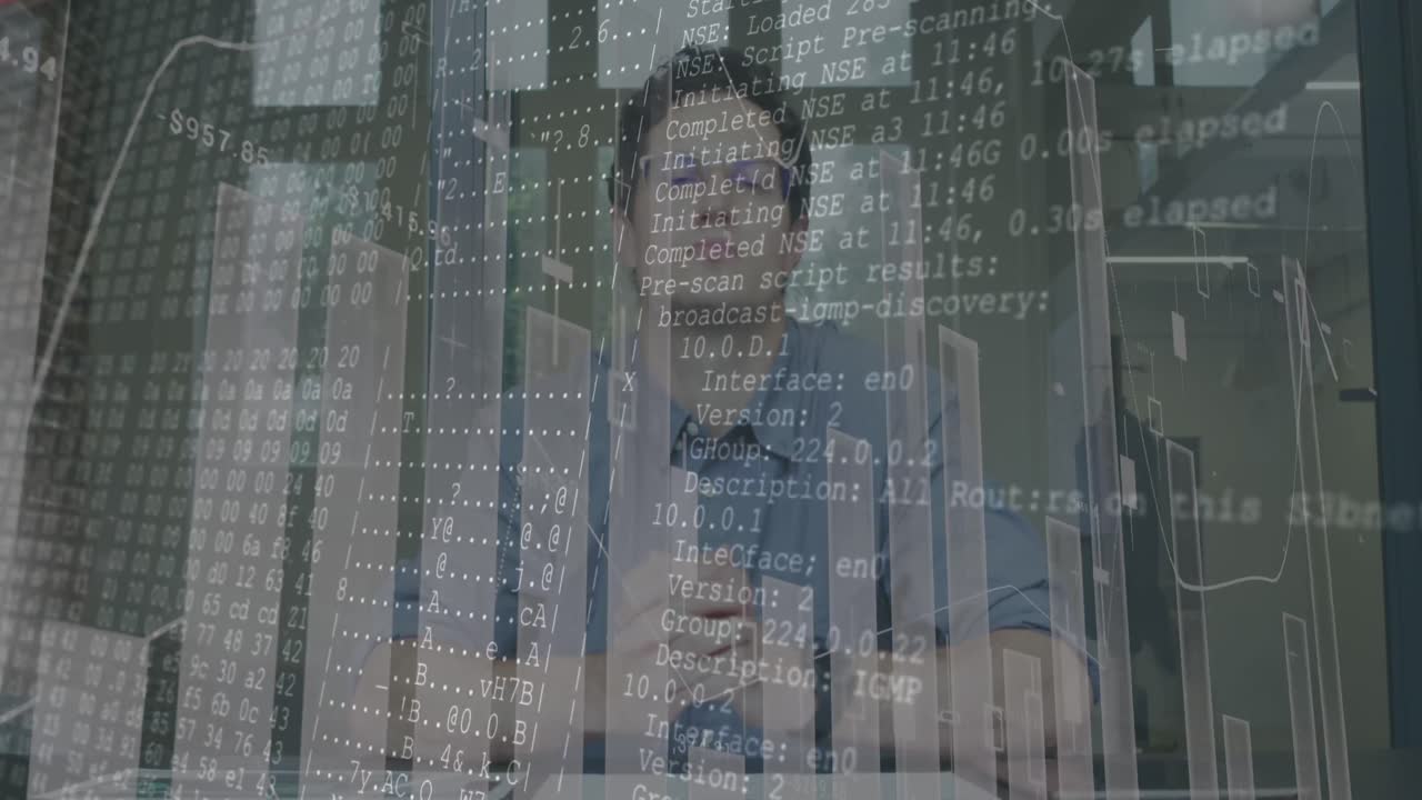 animación del procesamiento de datos sobre el hombre de negocios caucásico en la oficina