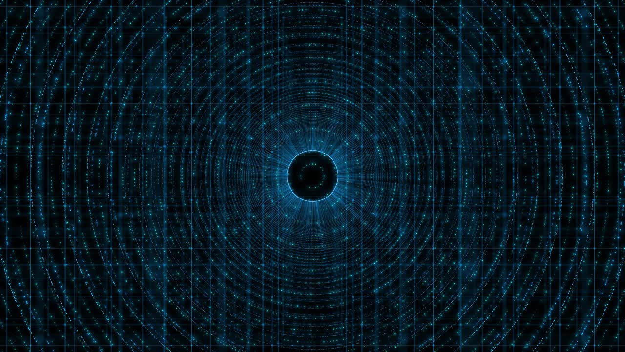 Abstract animation center light glow rotating through circular particle rings futuristic digital