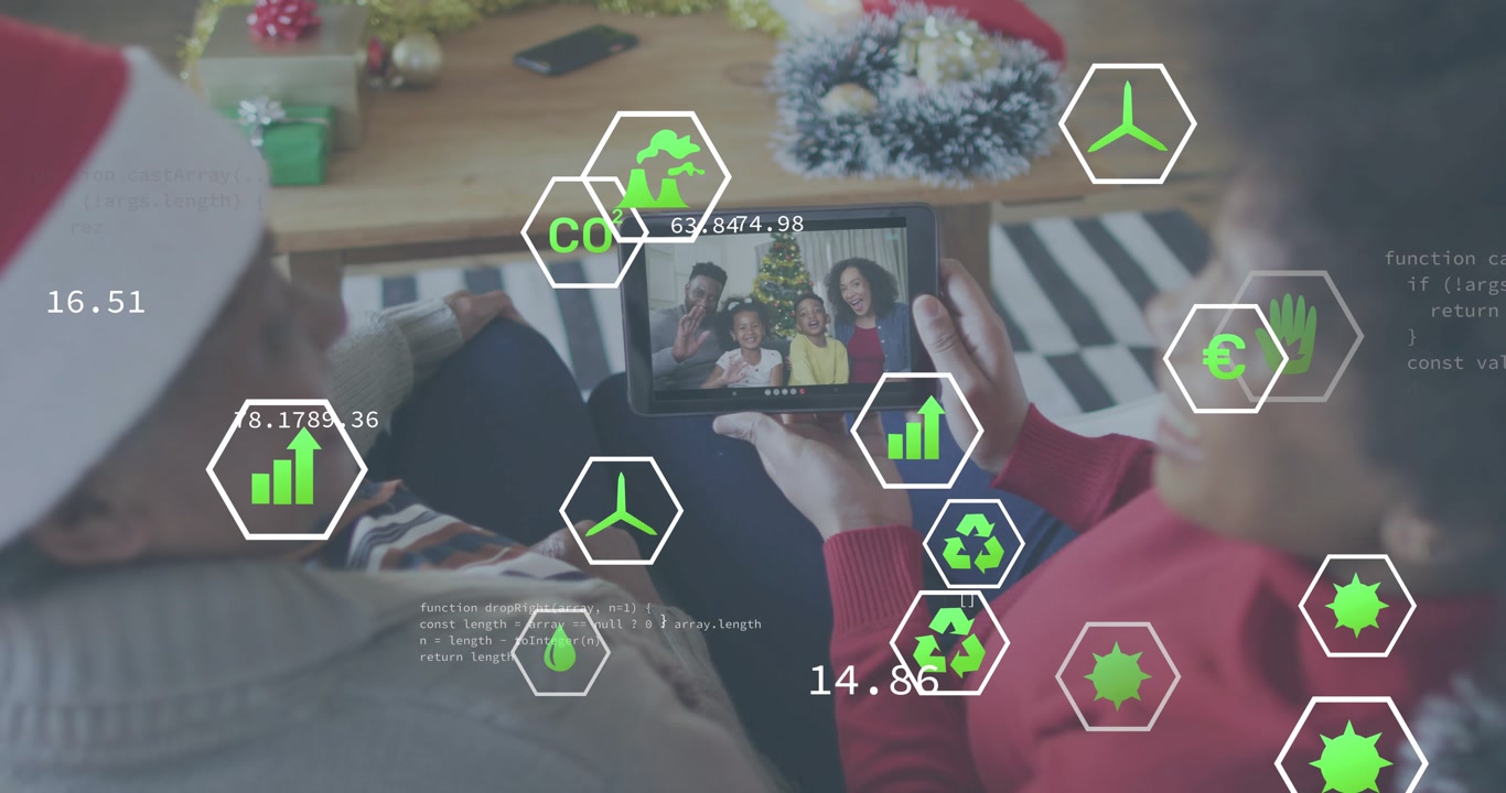 Woman tapping tablet starting family call while couple watching floating icons tracking eco metrics