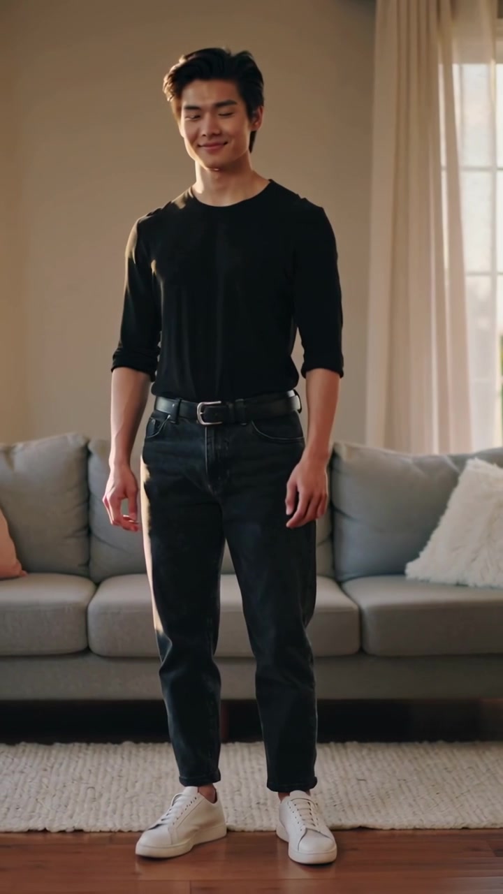 Video verticale: Uomo sorridente che sposta lo sguardo tra le inquadrature a casa, indossando una camicia nera, con un divano sullo sfondo.