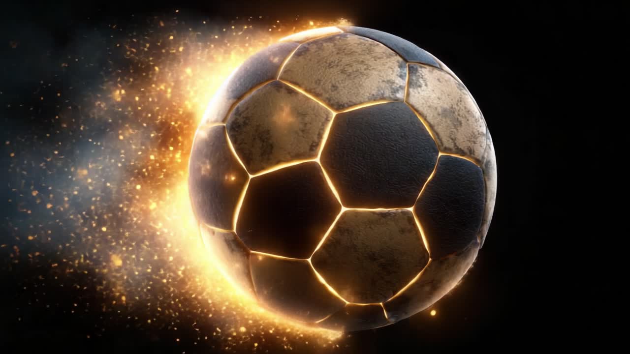 Un'immagine accattivante di un pallone da calcio luminoso in movimento, circondato da esplosioni di energia e luce, che evidenzia l'emozione e il dinamismo dello sport.