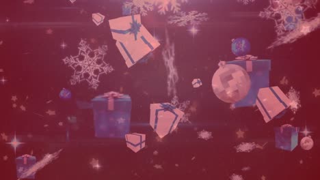 Animation-Von-Weihnachtsgeschenken,-Bällen-Und-Schnee,-Der-über-Den-Hintergrund-Fällt,-Mit-Rotfilter