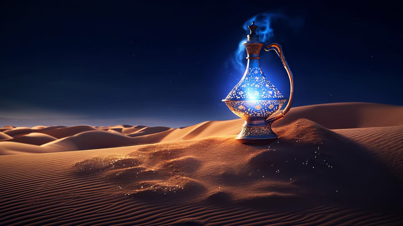 빛나는 빛으로 둘러싸인 밤에 사막에서 밝게 빛나는 마법의 등불