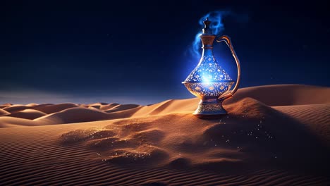 a magical lantern shining brightly in the desert at night surrounded by glowing light