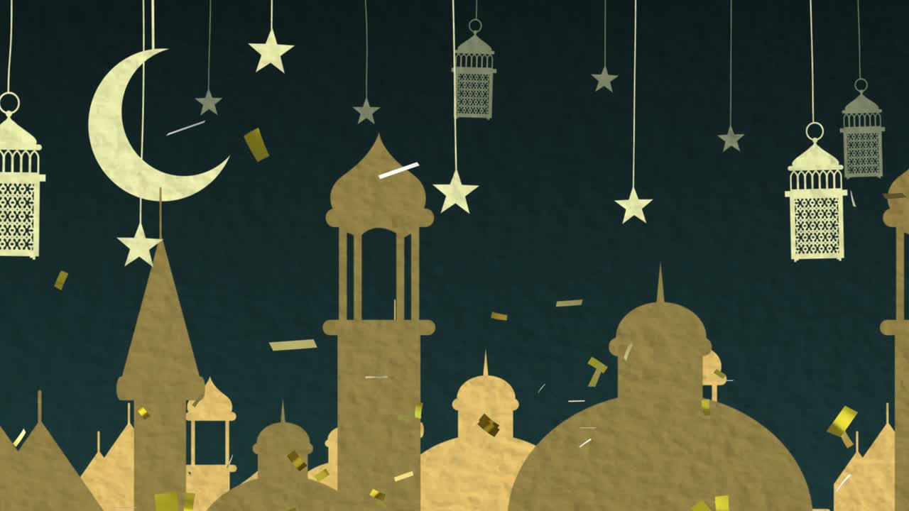 animación de techos de estilo árabe dorado, luna, lámparas y estrellas con confeti cayendo en negro