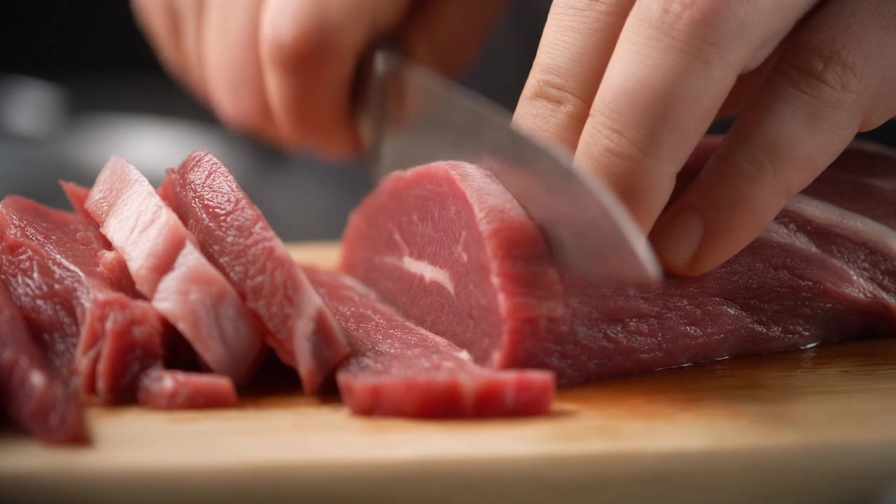 Đầu bếp cắt lát thăn nội bò sống trên thớt gỗ