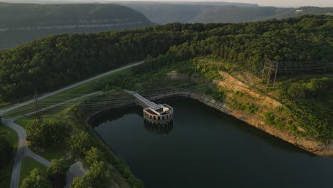 water reservoir and main intake tower or pump in chattanoogan tennessee, aerial view