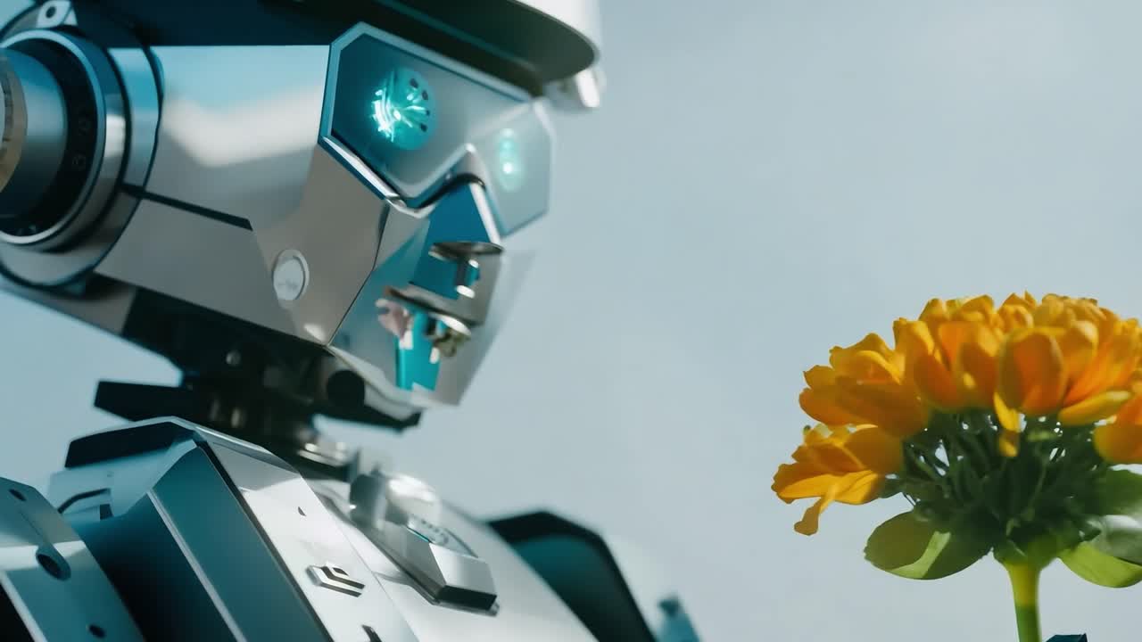un robot con ojos azules y un cuerpo plateado sostiene un ramo de flores amarillas