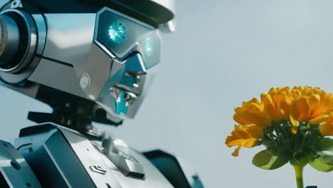 a robot with blue eyes and a silver body holds a bouquet of yellow flowers