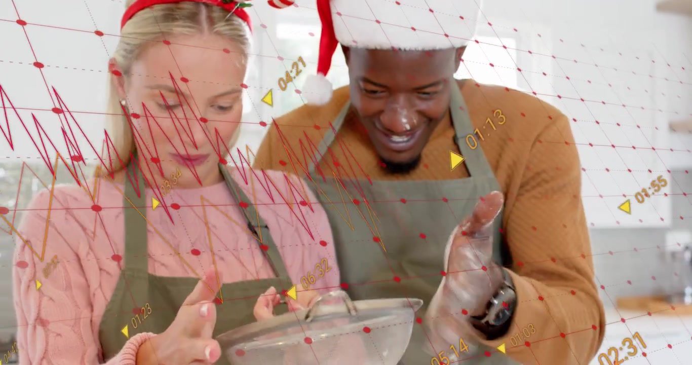 Woman tapping sifter and sending flour into bowl while man guiding dough mixing for baking dough