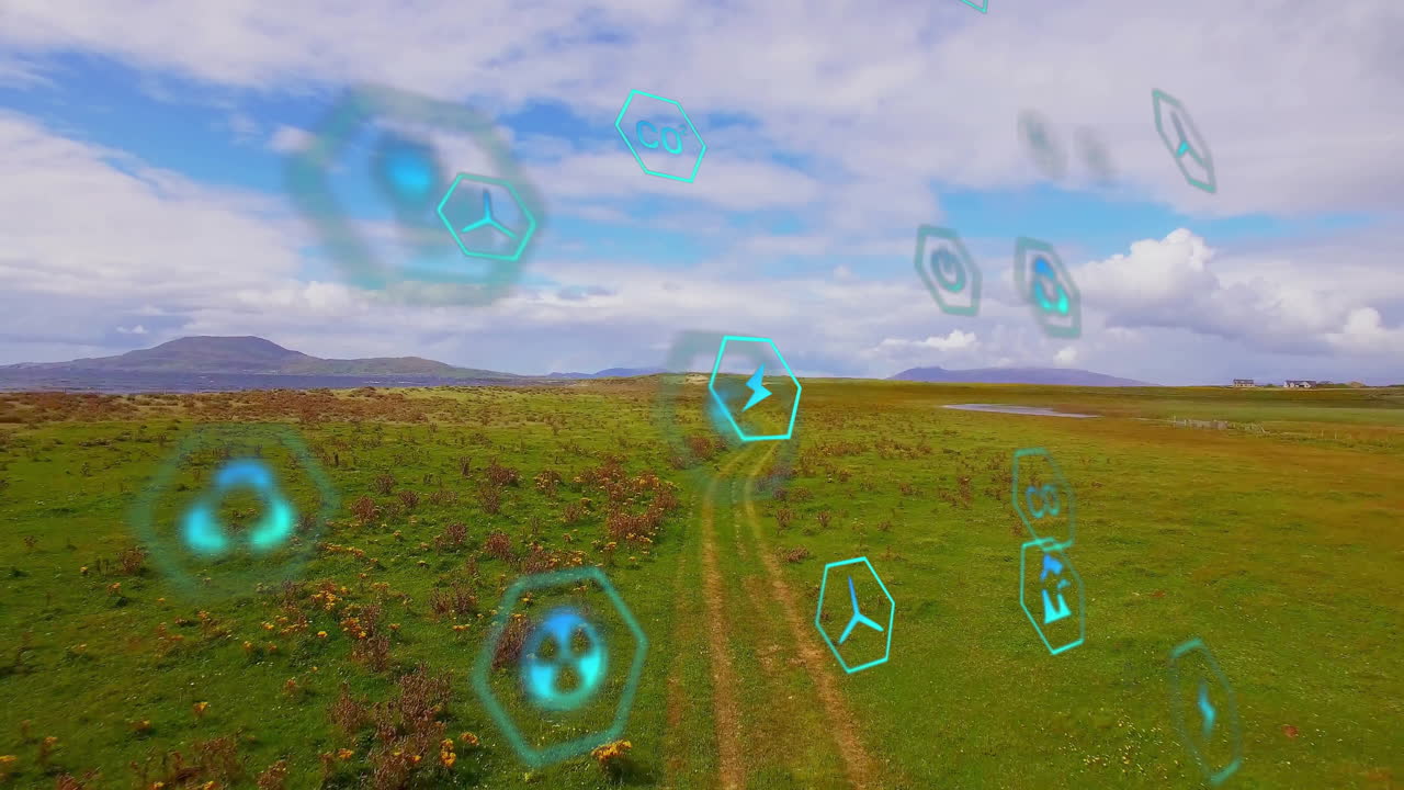 Neon-green hexagonal environmental icons floating over green meadow, showing eco energy icons in 3D