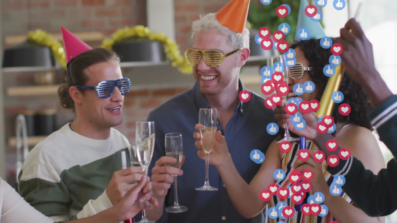 Group of marketers clinking champagne flutes wearing shutter glasses, with floating social icons