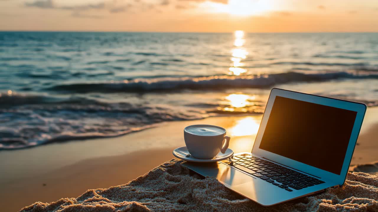 Laptop on the Beach at Sunset with Coffee