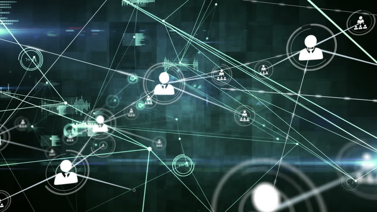 Animation of network of connections with people icons over glowing spots