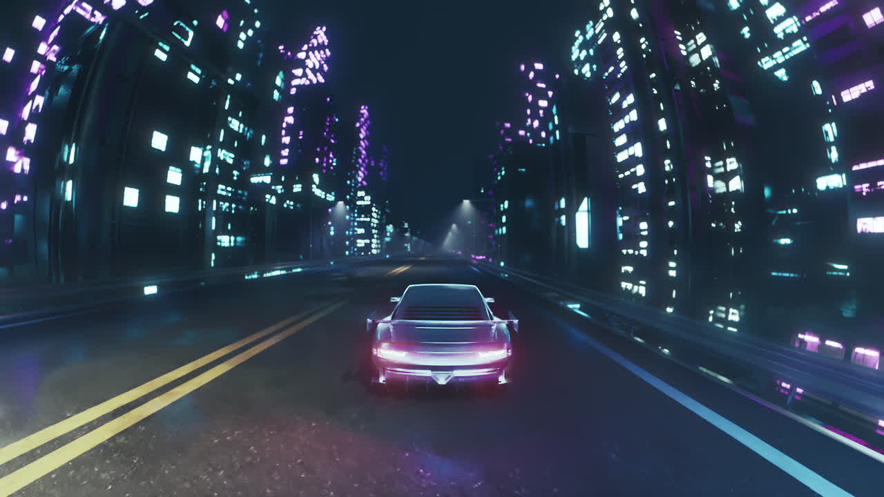 밤에는 시내 거리에서 네온 조명과 사이버 크 스타일로 루프 자동차를 운전합니다.