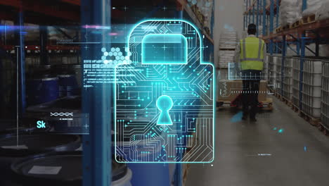 animation of data processing over rear view of male worker pushing pallet at warehouse