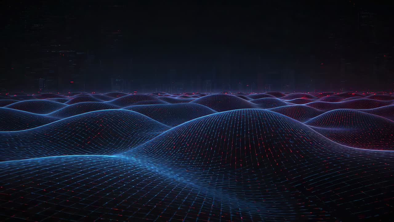 Pulling camera forward right, central red triangular alert icon pulsing on blue mesh, signaling