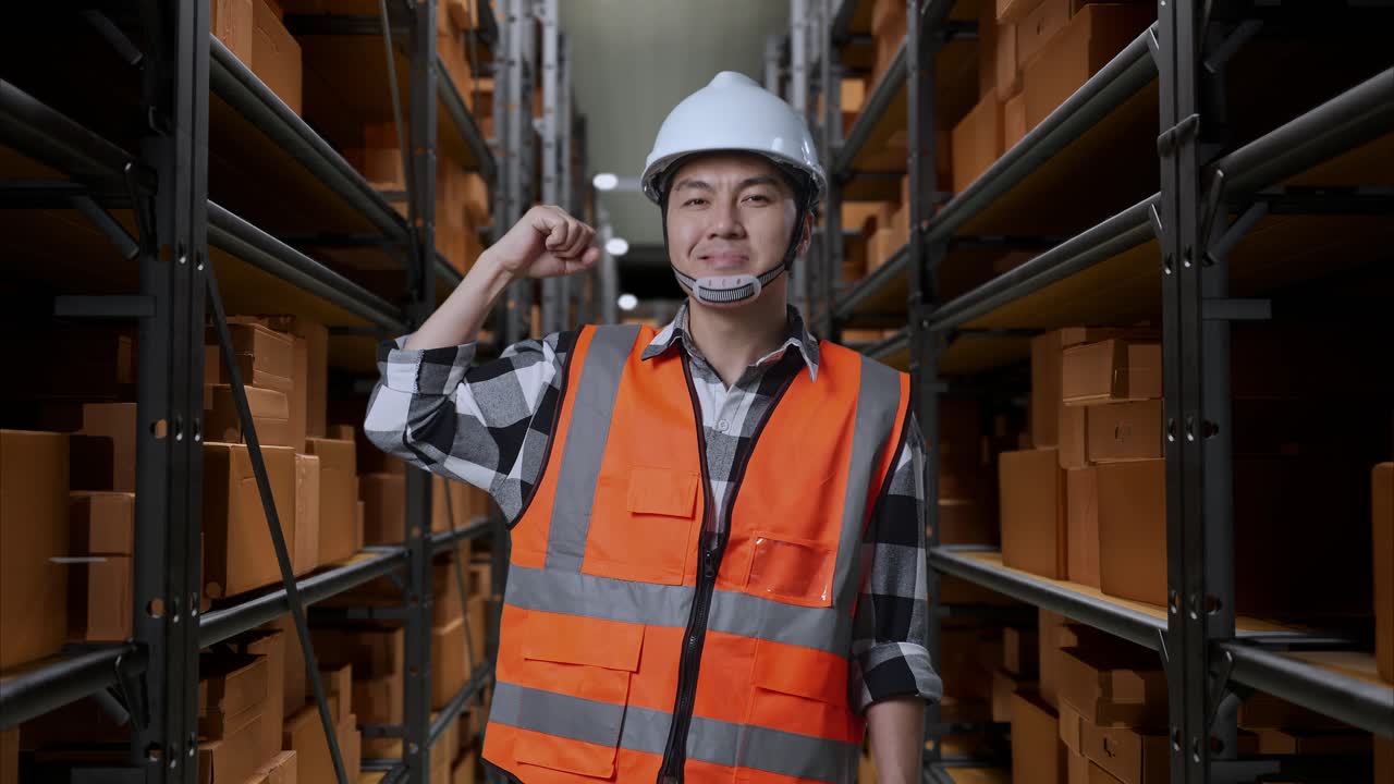 ingeniero masculino asiático con casco de seguridad de pie en el almacén con estantes llenos de bienes de entrega. flexionando su bíceps y sonriendo a la cámara en el almacenamiento