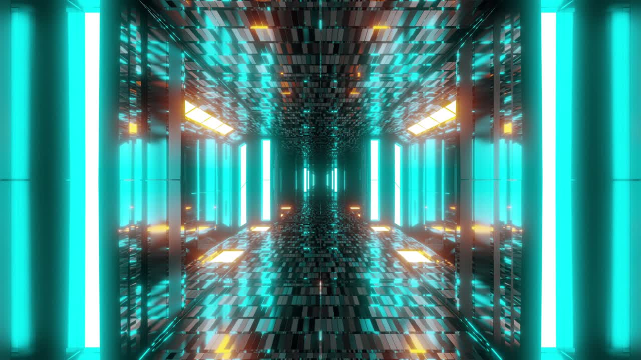 stylish scifi tunnel corridor with reflective bricks texture and glowing lights 3d illustration motion background live wallpaper vj loop