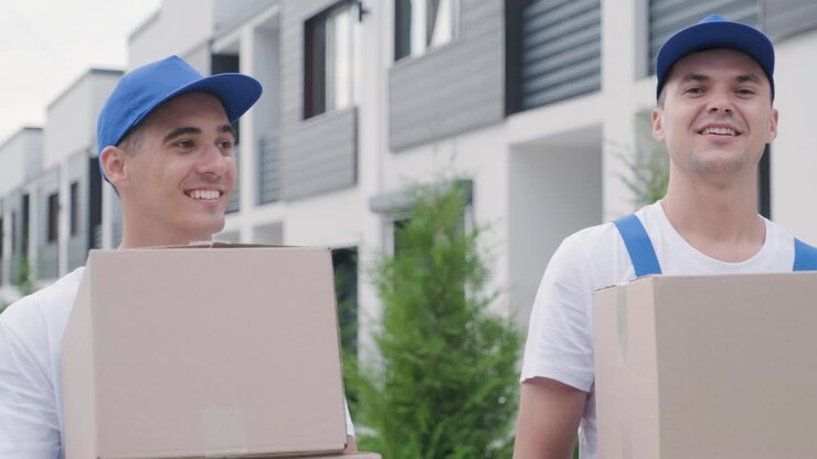 Two young workers of removal company deliver boxes to a customer's home