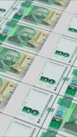 vertical video of 100 bulgarian leva banknotes printed by a money press