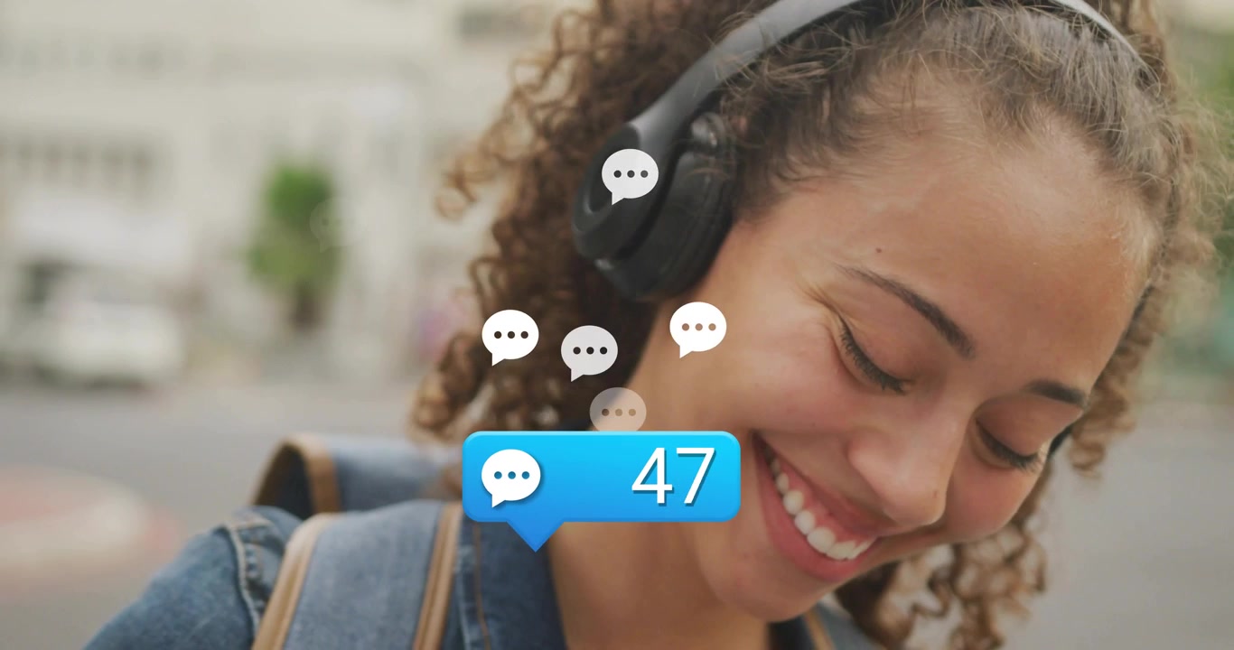 Woman wearing headphones in city plaza tech chat bubble popping updating counts sparking excitement