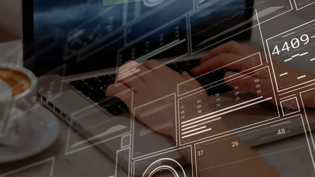 Hands hitting keyboard initiating typing while UI panels sliding and updating codes for analysis