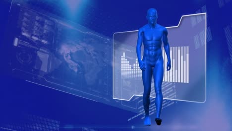 animación de modelo humano 3d azul y procesamiento de datos y estadísticas