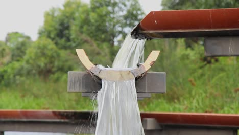 a raised multiple drainage system filling a wetlands lake with fast flowing water.