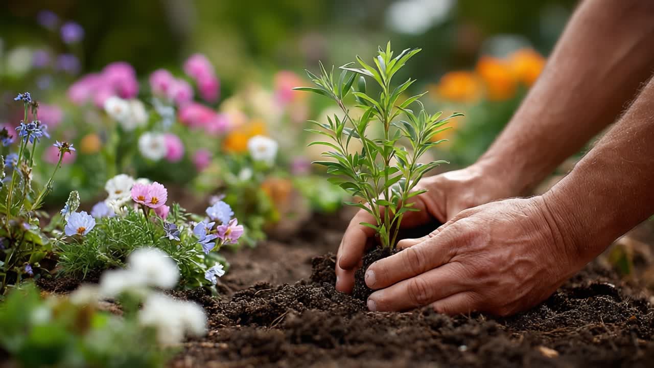 Die Kunst des Gärtnerns: Eine Nahaufnahme des Pflanzens eines jungen Setzlings inmitten eines lebendigen Blumenbeets, die die Verbindung zwischen Natur und Pflege zeigt.