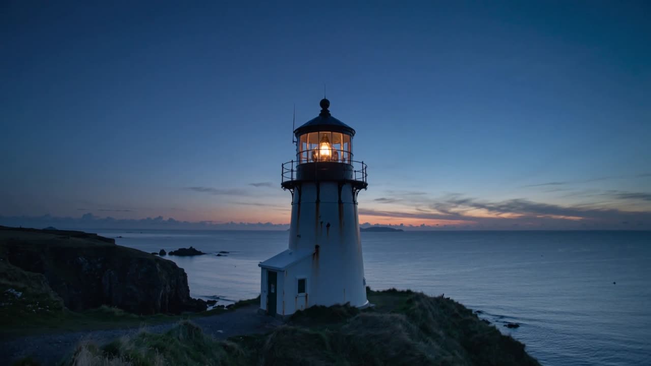 Lanterna del faro che ruota e pulsa mentre il crepuscolo si intensifica, guidando le navi oltre il promontorio roccioso.