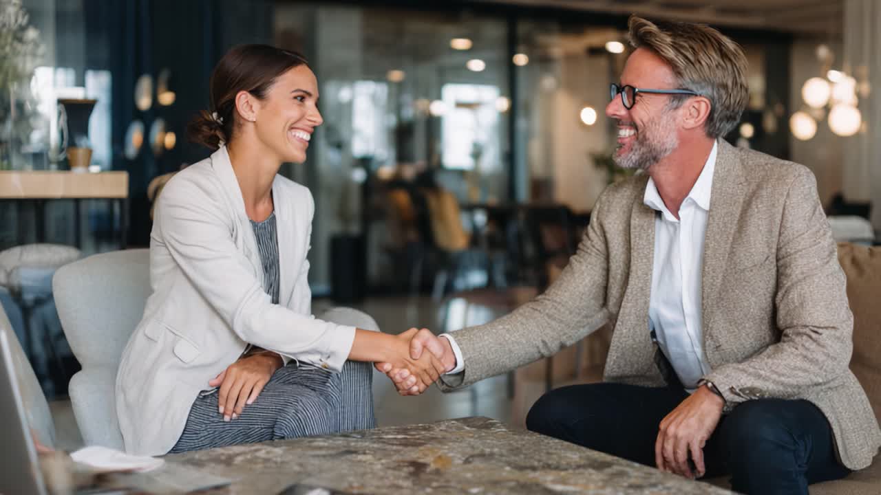 Professional Business Meeting Shows Positive Interaction with Two Colleagues Engaging in a Friendly Handshake in a Modern Office Setting