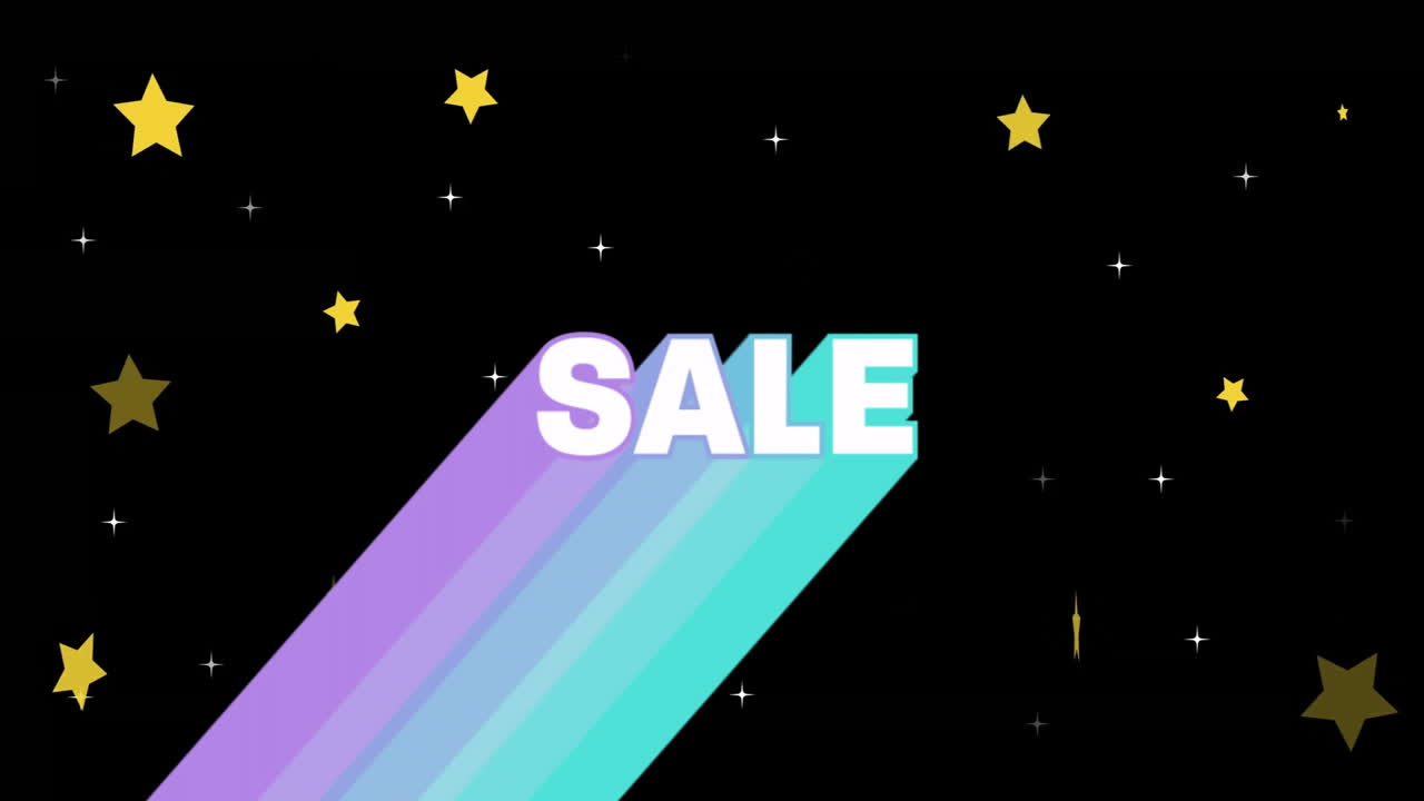 검은색 배경의 다채로운 대각선 줄무와 별 위에 판매 텍스트 애니메이션