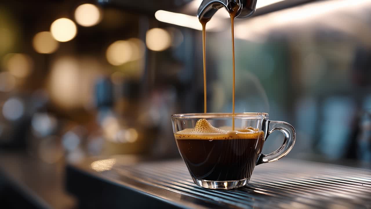 Rich espresso drips into a clear glass cup. Steam rises softly from the machine's spout. Warm, inviting glow illuminates the scene. Coffee's aroma fills the cozy cafe air