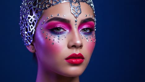 a captivating portrait of a model adorned in glamorous makeup and intricate headpiece, emphasizing bold colors and artistic expression in a striking setting