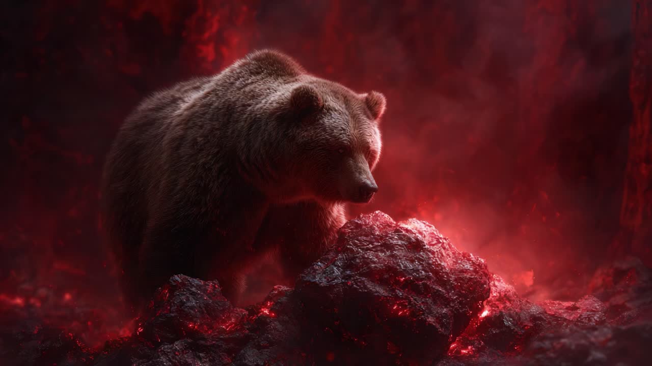 A Majestic Bear Navigating a Fiery Landscape: Capturing the Power and Grace of Nature Amidst a Stunning Red Lava Environment